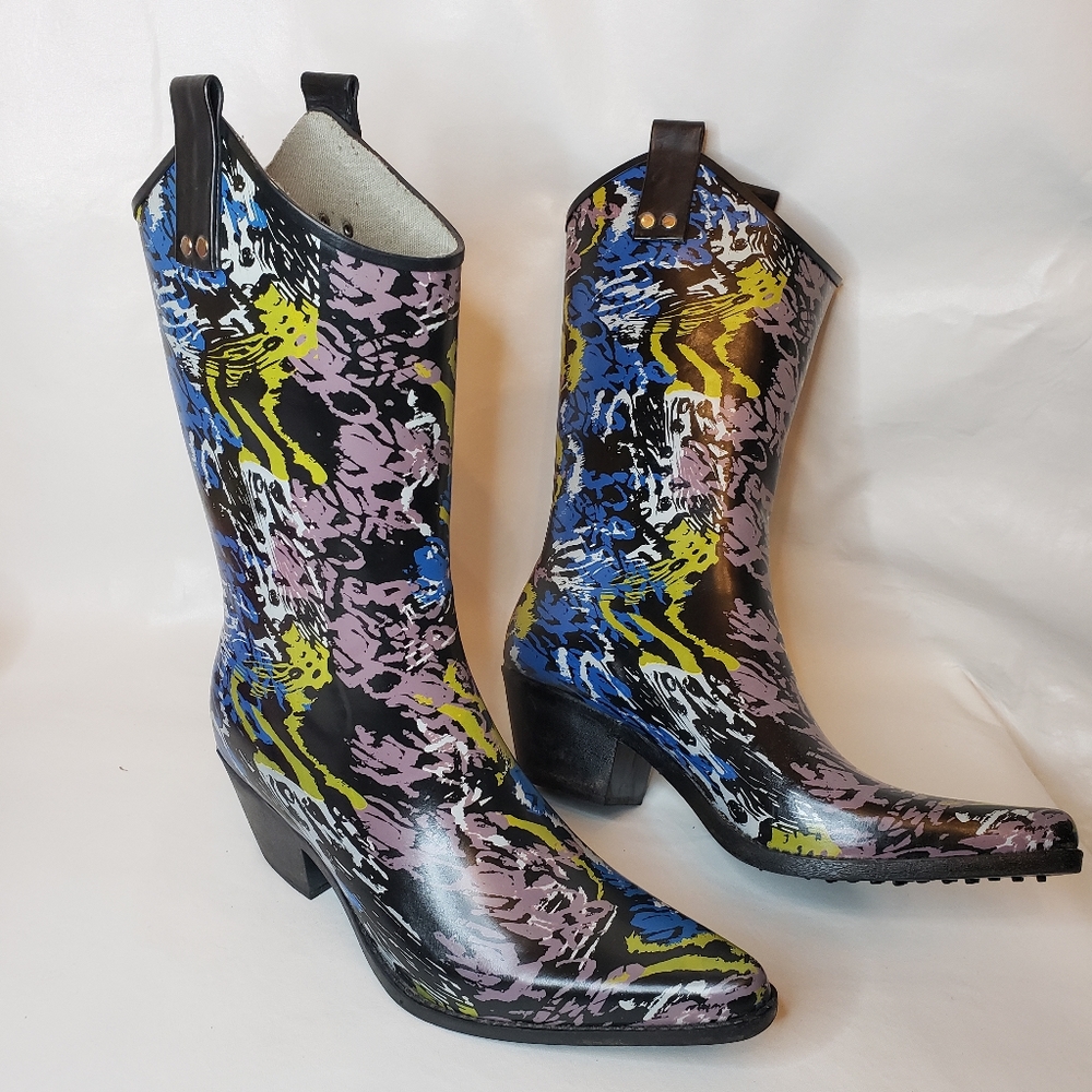 Nomad Yippy Rubber Boots Multicolor Pointed Toe Womens Size 10 Cowboy Rain Boots